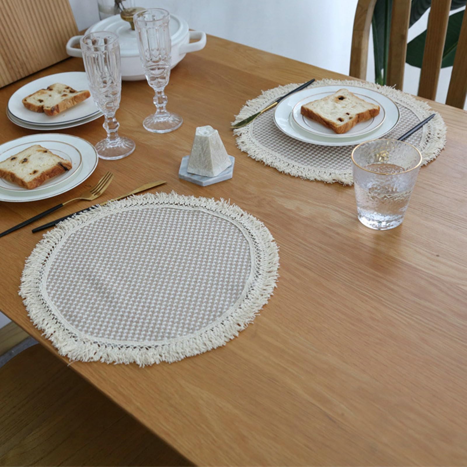 Platzset 8 Stück, Platzdeckchen Rund 30CM rutschfest Gewebte mit Gitter und Quaste Platzdeckchen für Glastisch