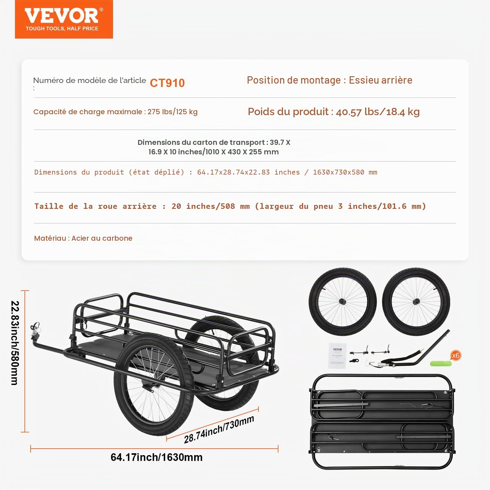 VEVOR Remorque de vélo, capacité de Charge de 125 kg, Chariot de vélo, Rangement Compact Pliable et dégagement Rapide, Roues de 508 mm, s'adapte à la Plupart des Roues de vélo, en Acier au Carbone
