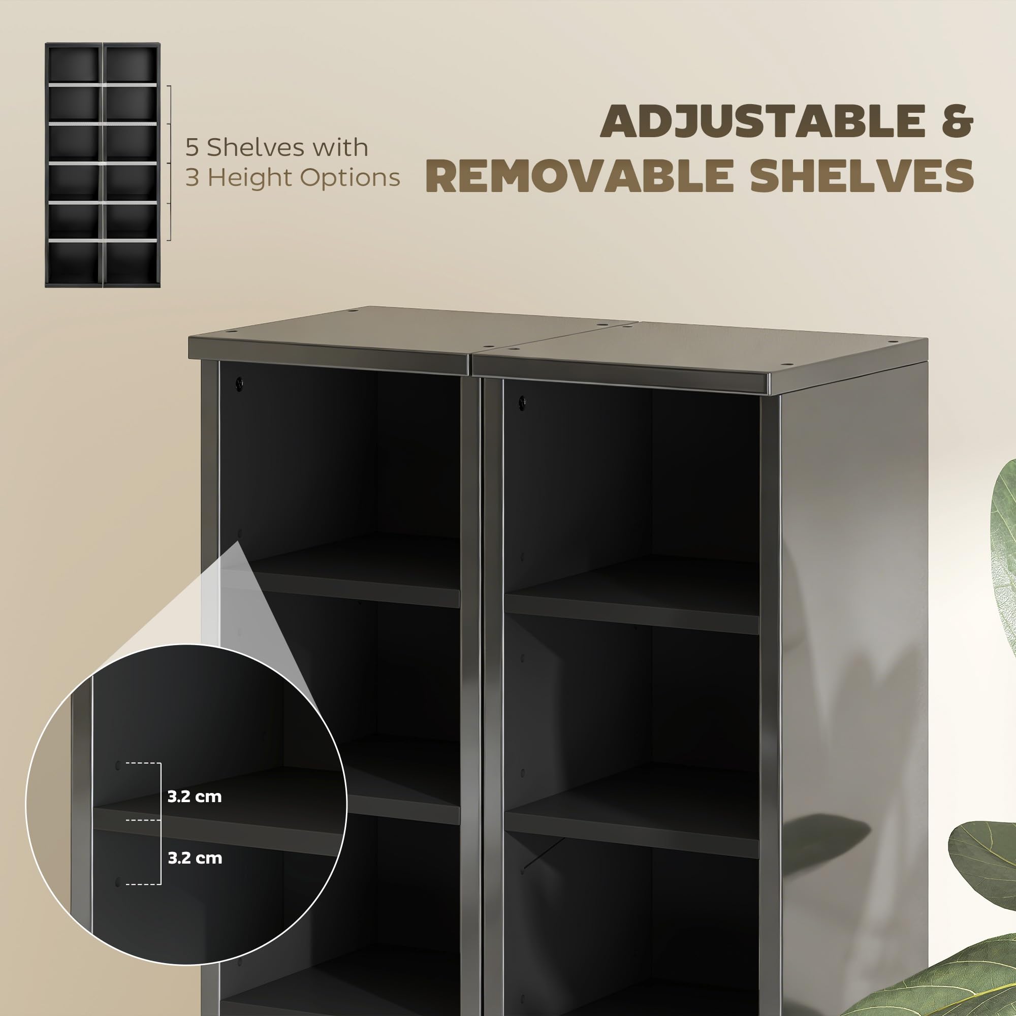 HOMCOM Set di 2 scaffali per CD Media Display 204 Blu-Ray Tower Rack w/ripiani regolabili libreria organizer portaoggetti, nero lucido