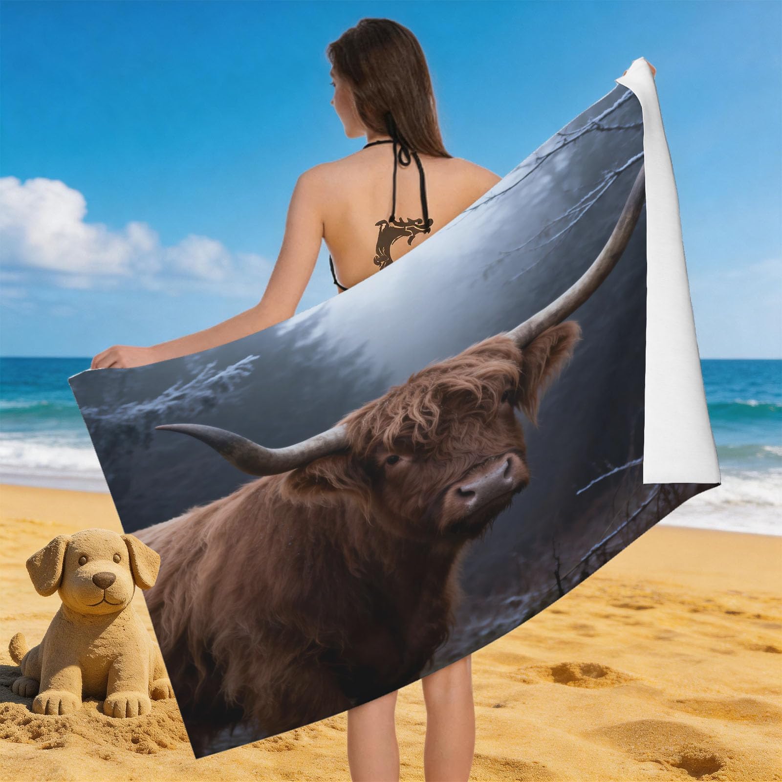 Leichong 3D Highland Cow Beach Towel Large Microfiber Soft Quick Dry for Adults, Wildlife Animal Bath Towel Lightweight Soft Absorbent for Travel Swimming Pool Sports, 180 x 90 cm