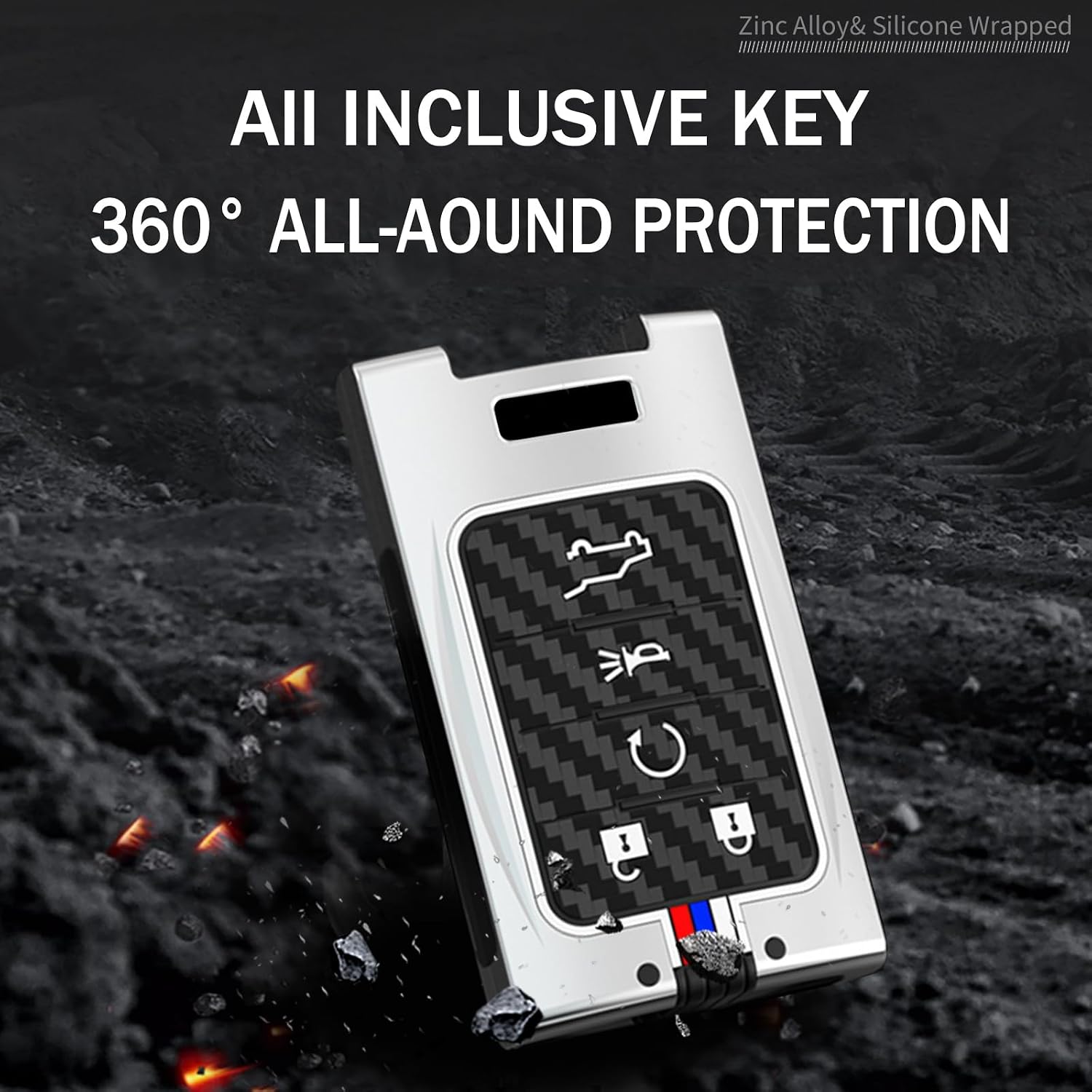 KUNIO Luminous Effect Key Fob Cover Case Fit for Cadillac Escalade CT5 CTS DTS SRX Chevy Corvette C7 Zinc Alloy Carbon Fiber Pattern Metal Key Holder Key Fob Protector A-Keychain 5 Button Black