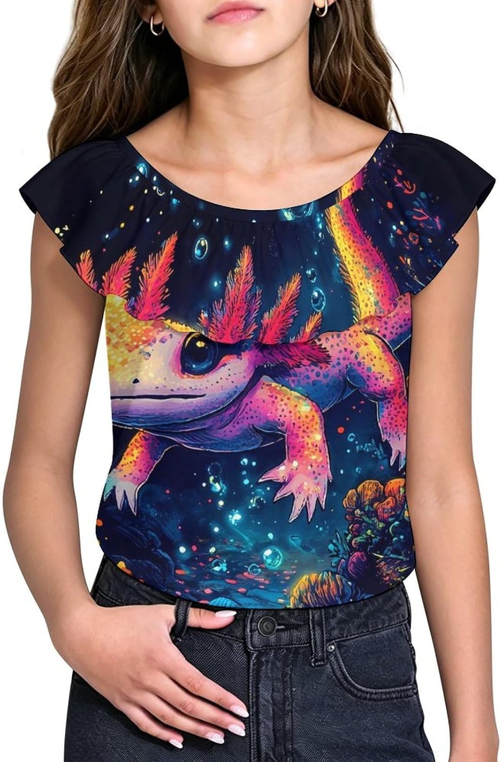 Colorful Axolotl Girls T-Shirts Top Ruffle Short Sleeve Blouse Casual Graphic Tees