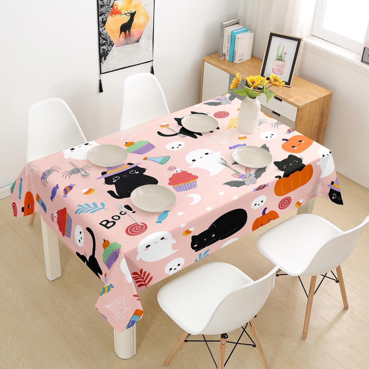 Erosebridal Happy Halloween Tablecloth 55"X55" Pumpkin Lantern Tables Cover for Boys Girls, Cobwebs Castle Table Cloth Spooky Cat Bat Tablecloths Halloween Table Decor Bathroom Decor