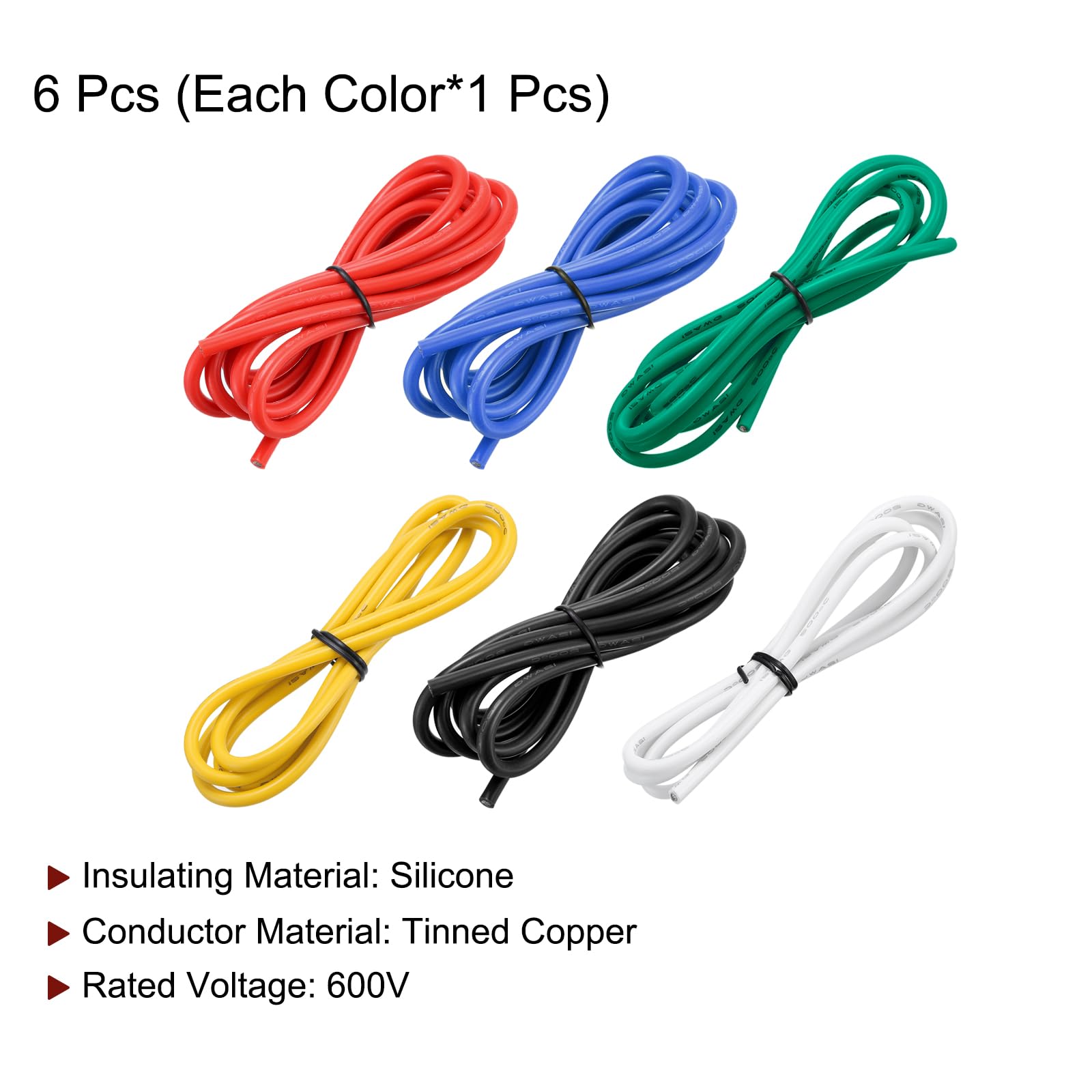 sourcing map Cable de Silicona Calibre 12, 6 Cables Eléctrico 12 AWG, Alambre Trenzado de Cobre Estañado Flexible, Cable Conexión Alta Temperatura, 6 Color 1 m para Modelo de Auto