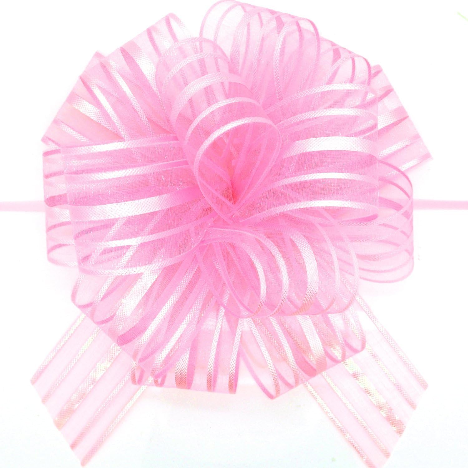 Organza Pull Bow (x2) LIGHT PINK Large 6" Pom Pom Bow