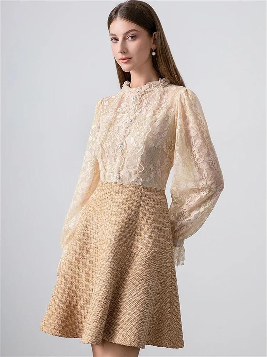 Womens High-End Boutique Lace Splicing Fake Two Small Fragrant Tweed Dress Beaded Dress