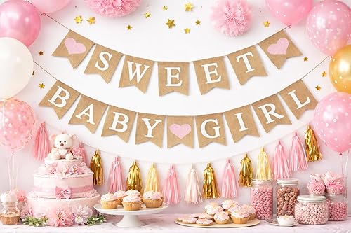 Miniatura 3 de Cartel de arpillera "Sweet Baby Girl" – Rústico "Dulce" y "Baby Girl" en banderas de arpillera natural (aprox. 5 x 7 pulgadas) Decoración de fiesta