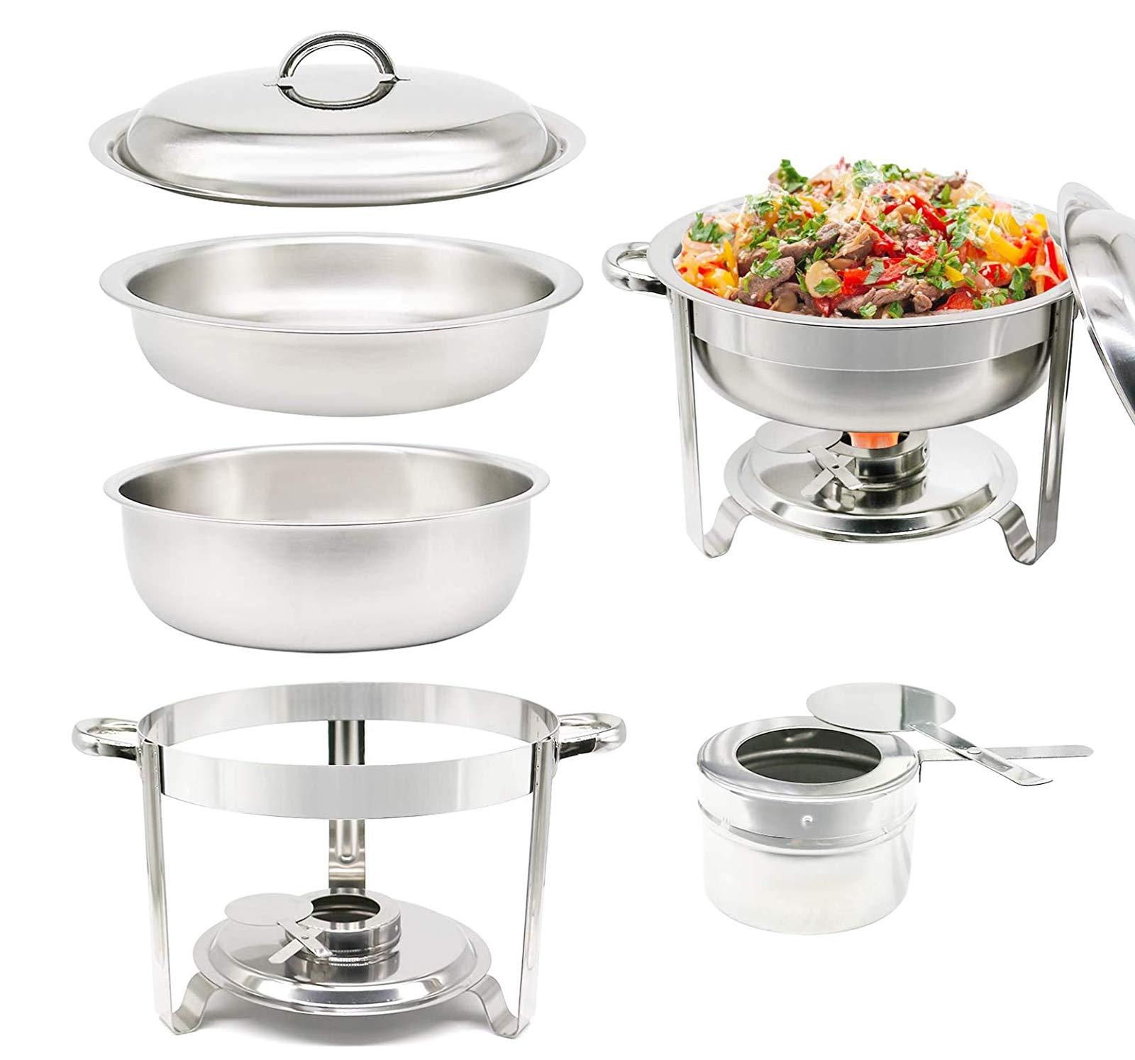 Chafing Dish Rotondo in Acciaio Inox, con Coperchio, scaldavivande, Buffet, per Feste, ristoranti, Forniture per Catering