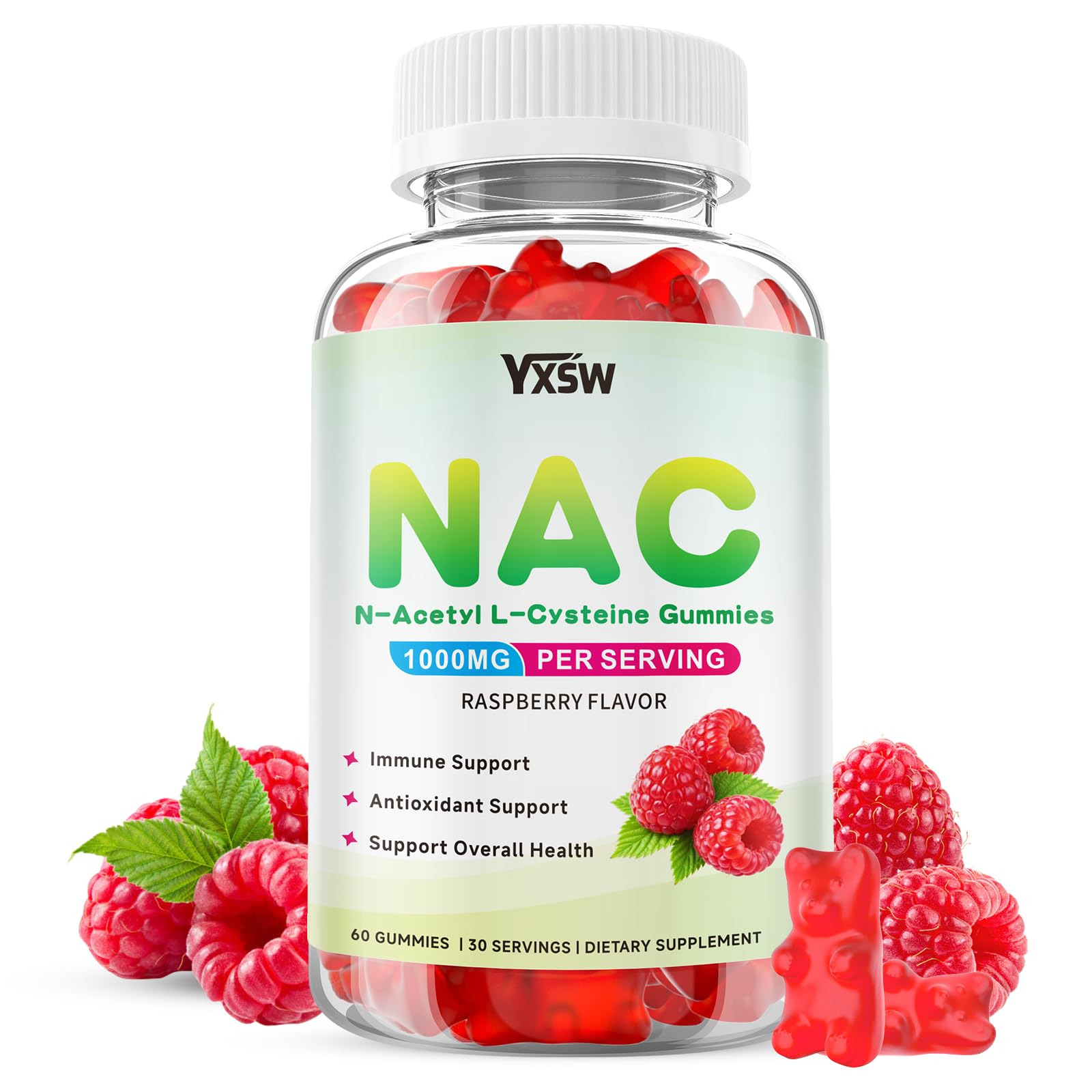 NAC Gummies for Kids & Adults, N-Acetyl Cysteine NAC Supplement 1000mg for Antioxidants & Immune Support, Sugar-Free, Raspberry Flavor, 60 Count 60 Count (Pack of 1)