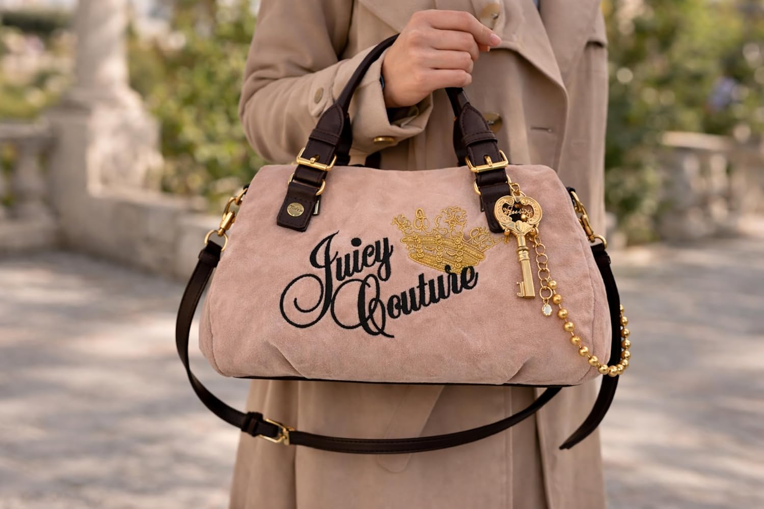 Juicy Couture Women’s The Key To Juicy Satchel Handbag with Embroidered Logo & Gold Crown Charm, Shoulder Strap