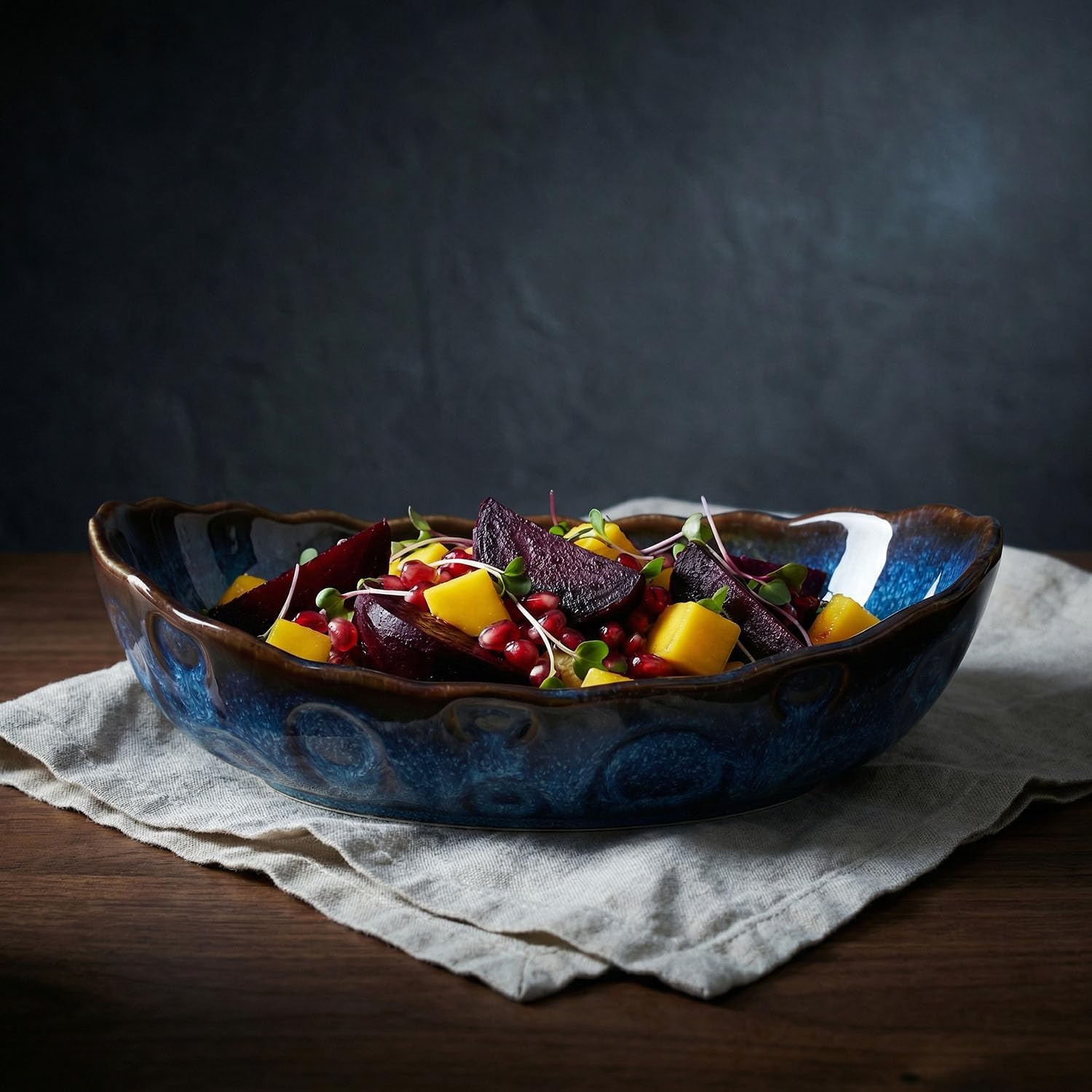 Ceramic soup bowl (6.7 oz), wavy ceramic bowl, fruit salad bowl, tabletop garnish, with handle, 4 pieces, single serving, microwave safe (nebula blue)