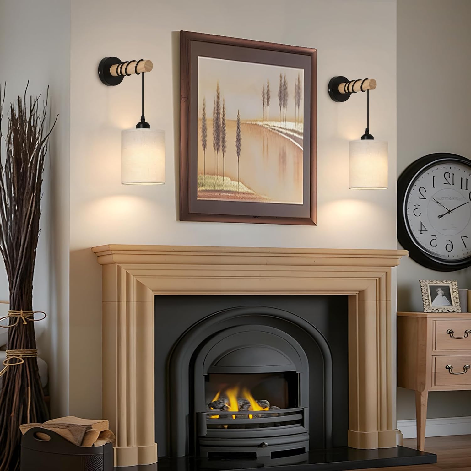 Battery Operated Wall Sconces Set of 2,Rechargeable Wireless Wall Lights with RGB & Dimmable Remote, No Wiring Renter Friendly, Modern Wood & Linen Wall Lamps for Bedroom Bedside Living Room.