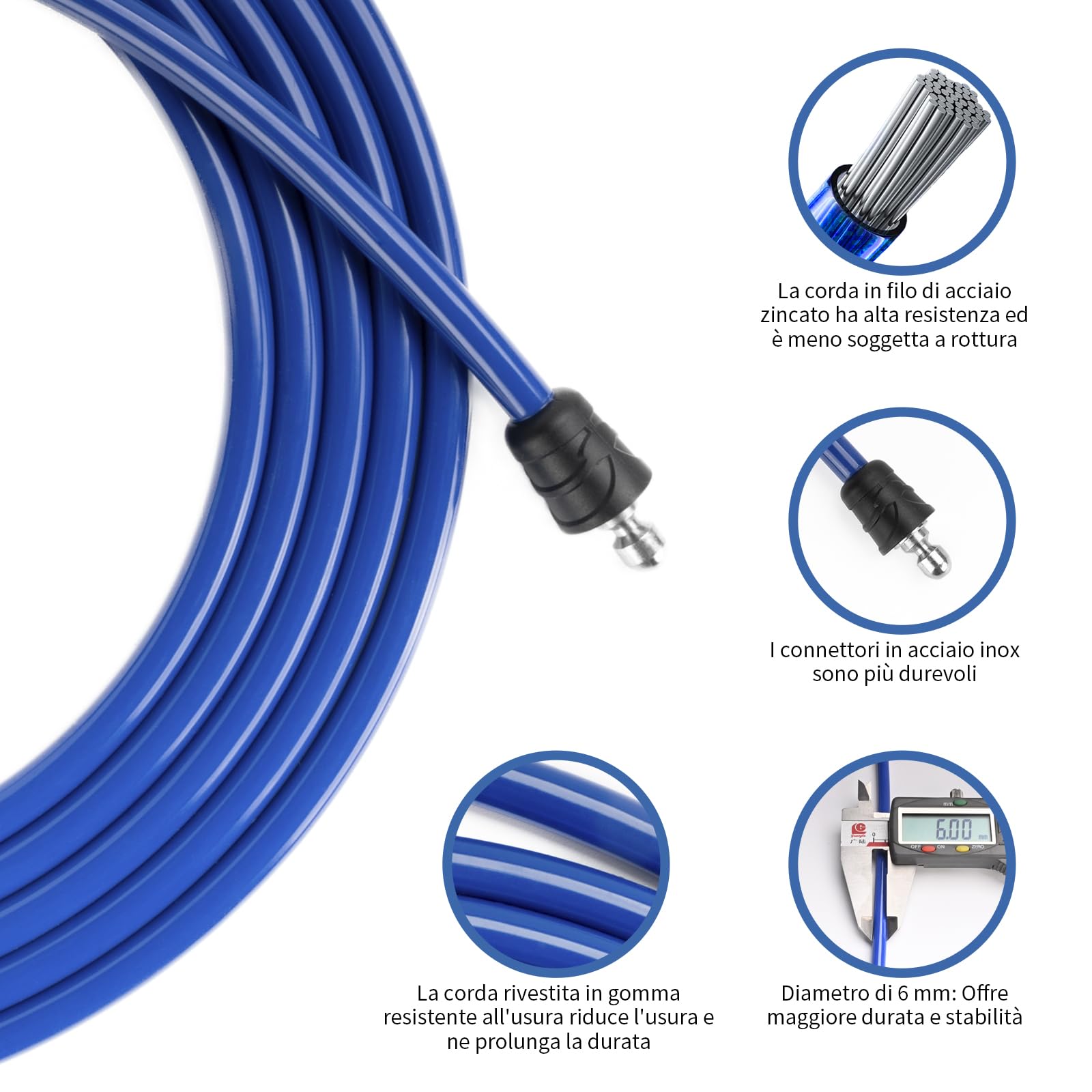 Corda per saltare ponderata per uomini e donne con cavo resistente all'abrasione da 279,4 cm e 259,1 cm, Φ=6 mm, corda per saltare con impugnatura in gomma, rotazione a 360 gradi, senza grovigli,