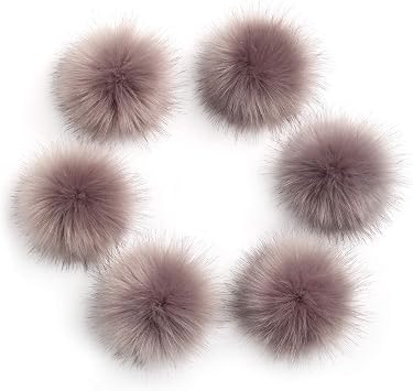 Pack of 6 Faux Fox Fur Pompoms 3.9inch/10CM Furry Pom Pom Ball with Elastic Loop Knitting Crafts Hat Charm Accessories Grey
