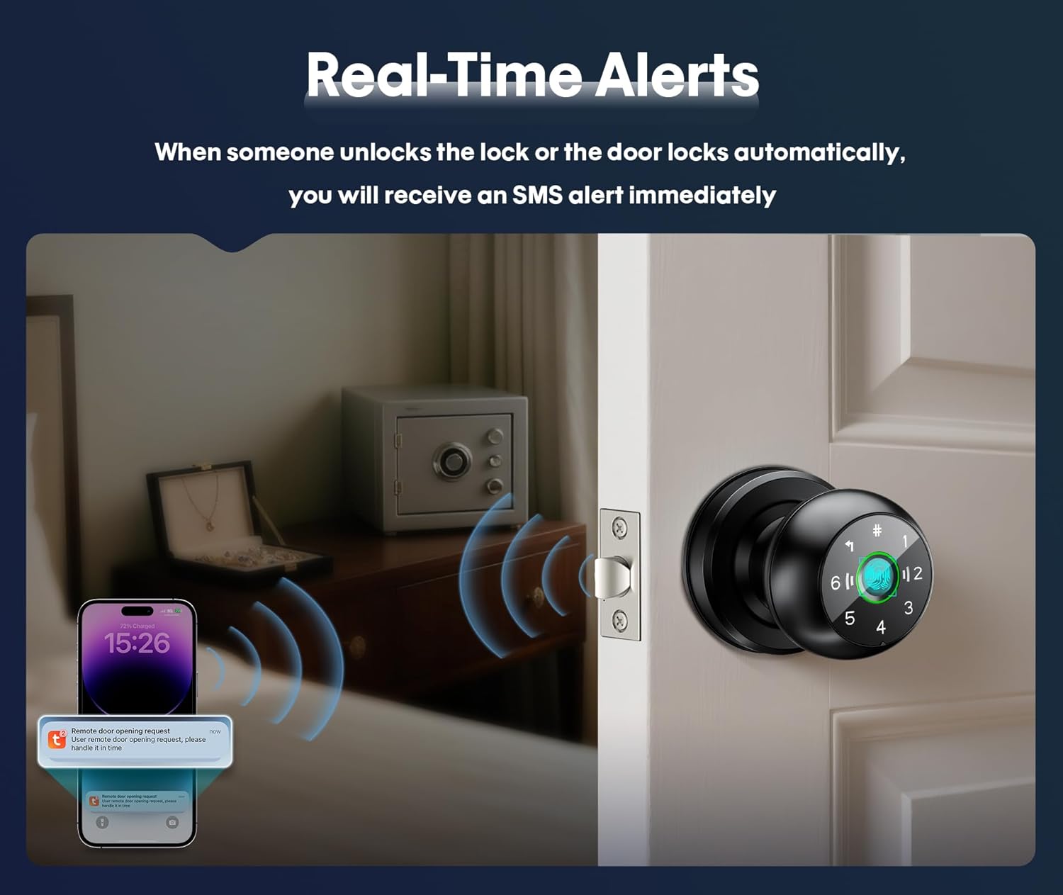 5-in-1 WiFi Smart Fingerprint Door Knob Lock - Built-in WiFi, Lock-Side Programming, APP Compatibility, Triggered Remote Unlock, Real-Time Alerts, Door Locks for Bedrooms & Offices