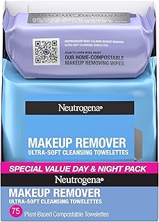 Neutrogena Day & Night Wipes, Makeup Remover Face Cleansing Towelettes & Night Calming Facial Cloths, 100% Plant Based Fib...