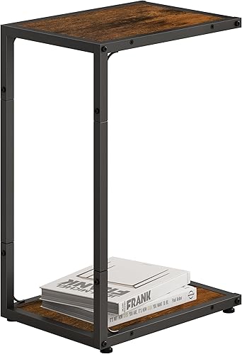 Mesa auxiliar en forma de C para sofá, mesa C de 2 niveles con estante de almacenamiento, mesa auxiliar pequeña con marco de metal para sala de