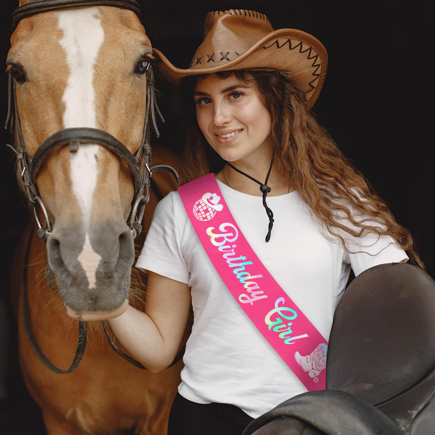 Birthday Girl Sash with Iridescent Foil, Hot Pink Disco Cowgirl Birthday Sash for Women Western Cowgirl Party Decorations Girls Rodeo Bday Party Supplies Retro Horse Bday Favors