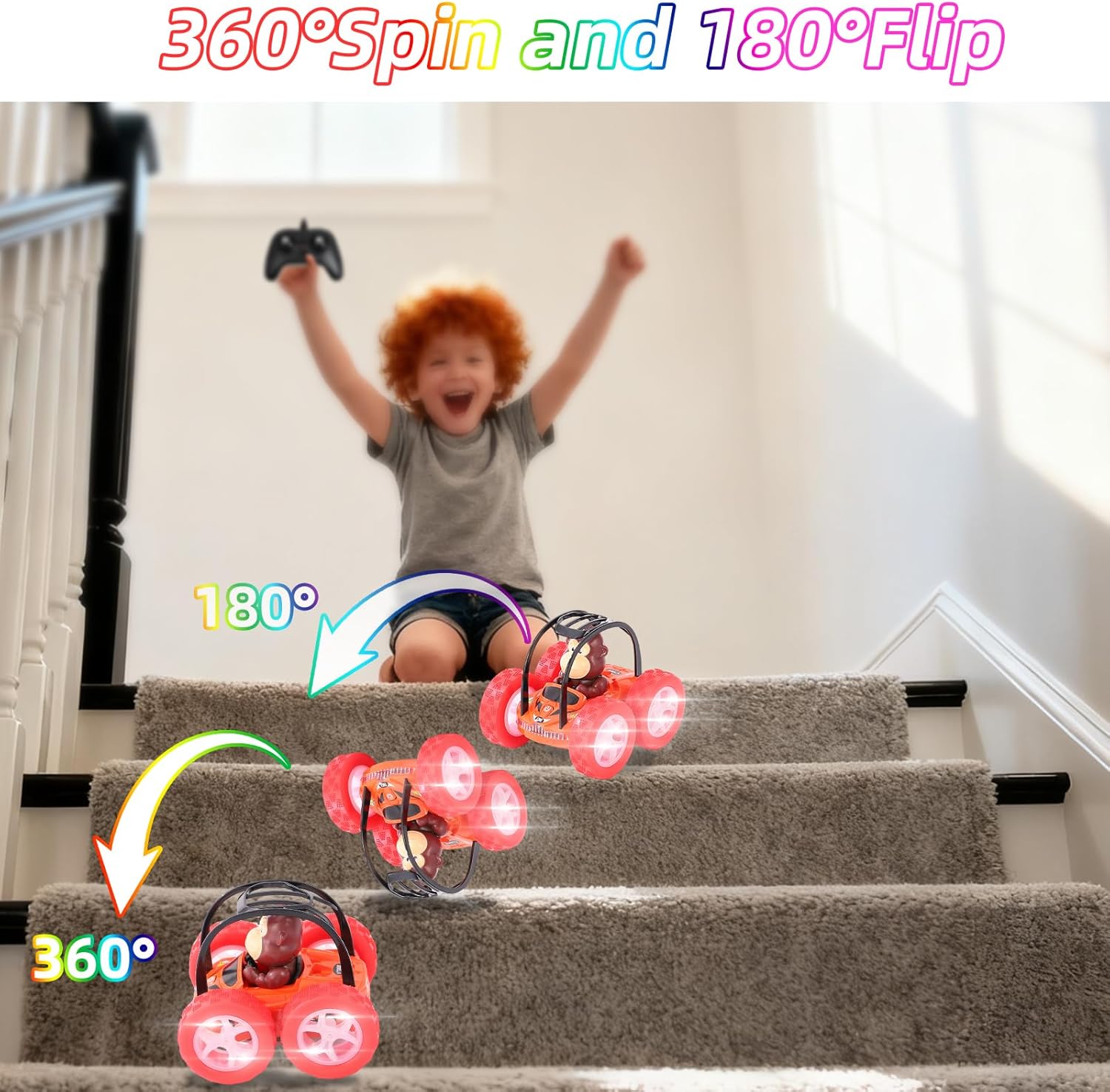 Cartoon Gorilla RC Stunt Car for Kids – 360° Flips, Music & Lights, Rechargeable Remote Control Truck Toy – Durable Spinning Vehicle for Boys & Girls Ages 3-8, Indoor/Outdoor Gift