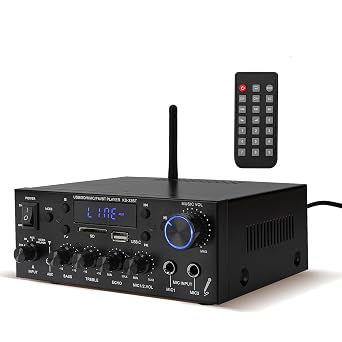 Amplifier Audio 800W, Home Stereo Amplifier with 2-Channel, RMS 60Wx2, Bluetooth 5.0, HiFi Mini Amp with Echo, MIC, USB, SD, AUX, for Home, Car, Karaoke KS-33BT