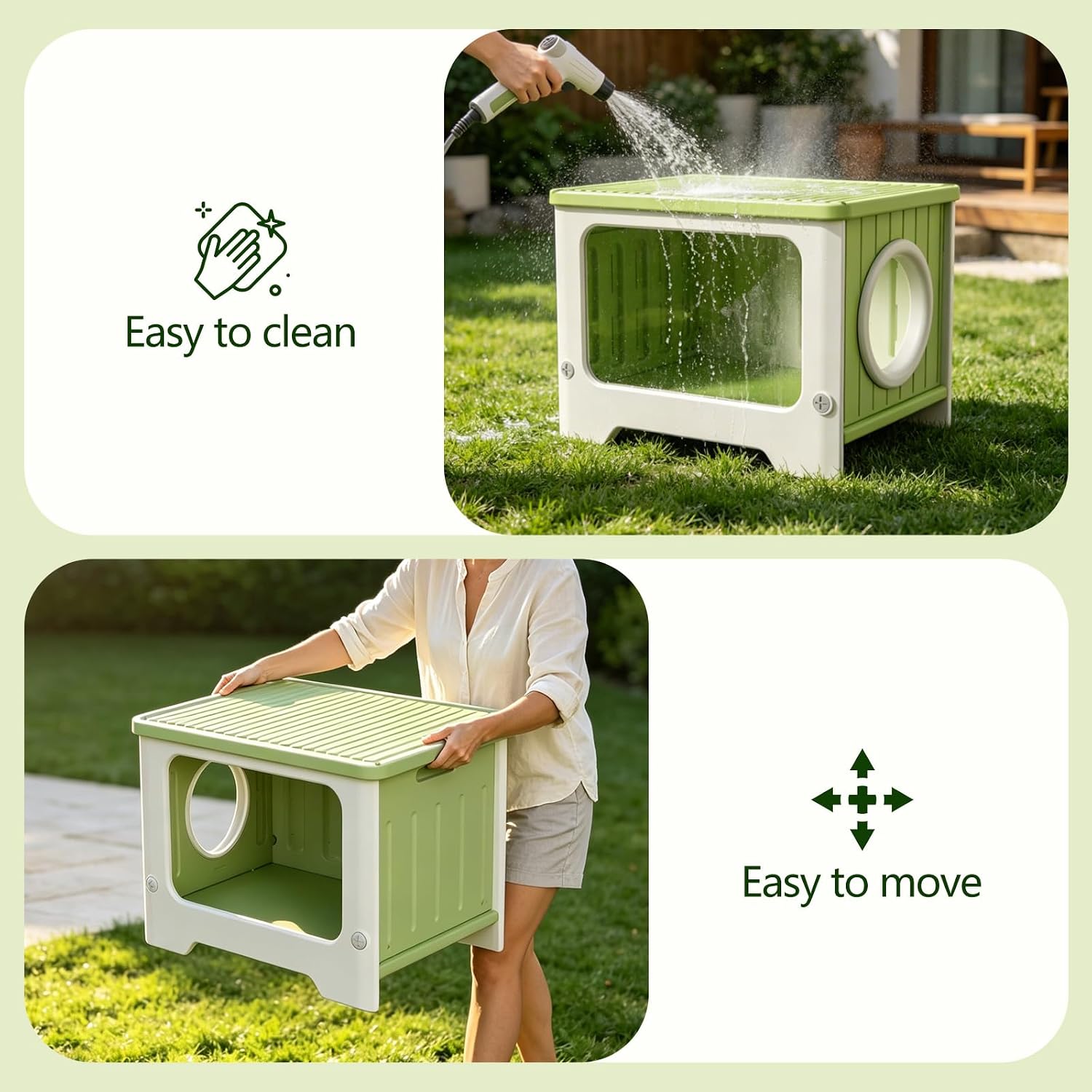 Outdoor Cat House Weatherproof Stackable with Clear Window | Plastic Insulated Waterproof Elevated Feral Cat Shelter with Cozy Cushion for Indoor Outdoor Use (Green)