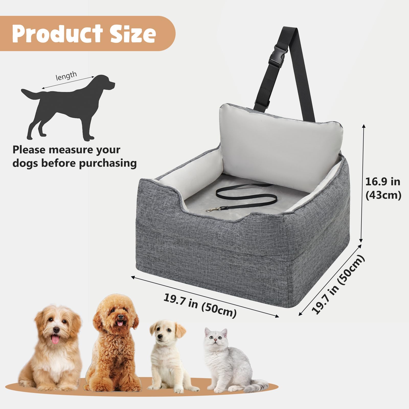 Avont Hunde Autositz für Kleine/mittlere unter 14 kg, Welpen-Hochsitz mit Sicherheitsgurt, Gut gepolstert für Reisen Stressfrei, 50 * 50 * 40 cm -Grau