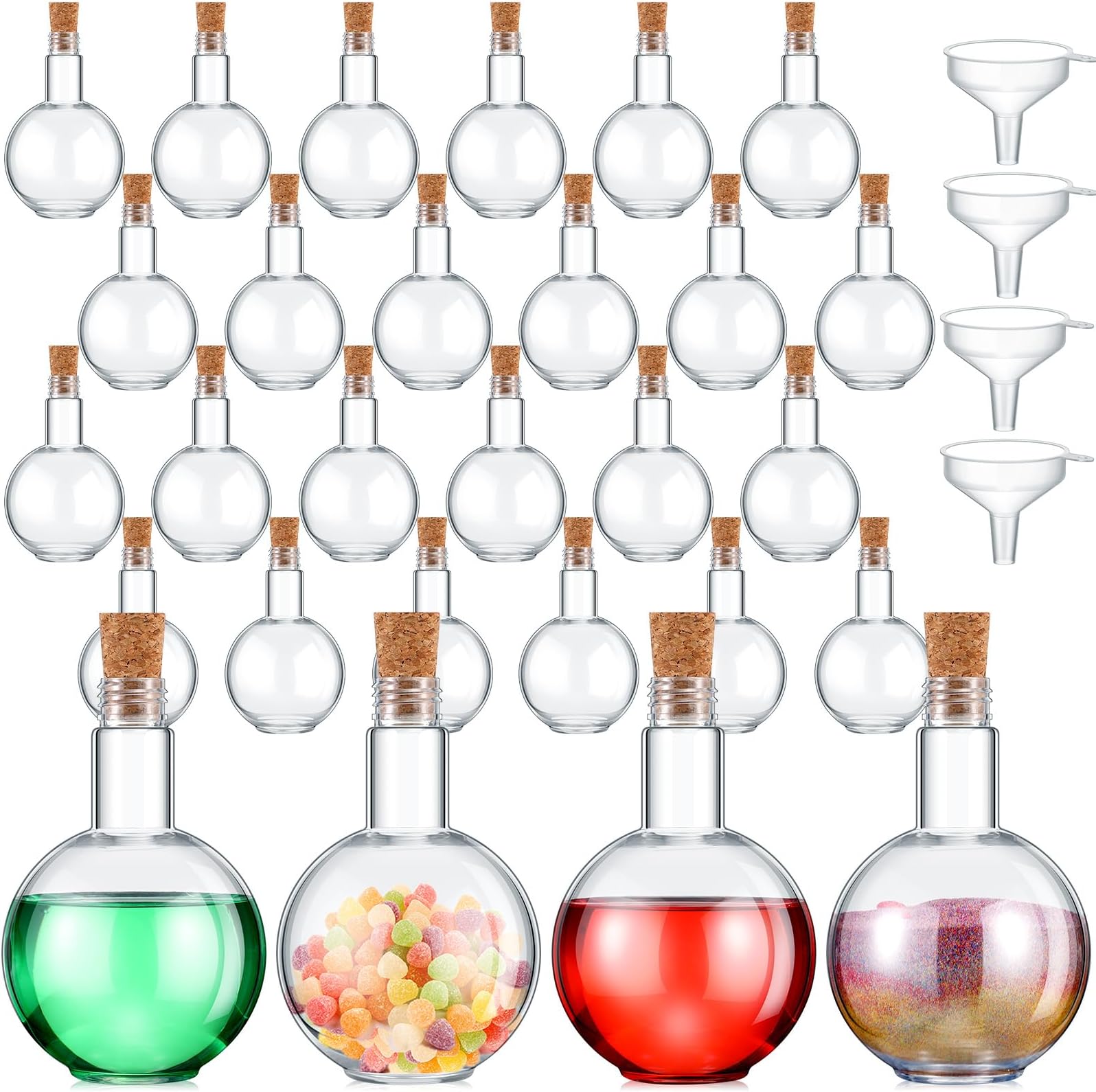 Plastic Potion Bottles with Cork 8 oz Sand Art Ball Shape Bottles with Funnels Spherical Decorative Candy Jar for Cocktail Witch Costume Props Party DIY Crafts(20 Sets)