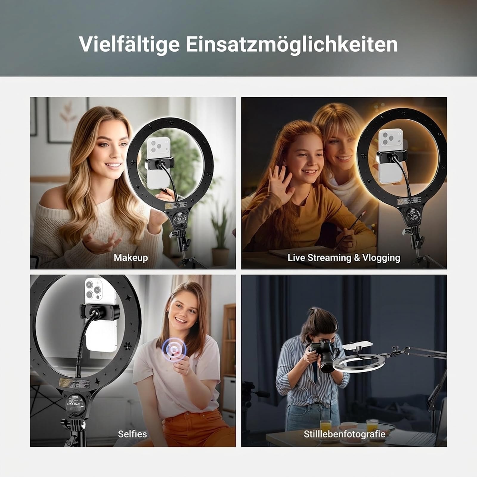 NEEWER Entry Level Version 10,5" 10W Ringlicht mit 46“-63" Stativ, Handyhalterung für Deckenmontage, kompatibel mit iPhone, zweifarbige LED Selfie Beleuchtung mit CRI 85+ für TikTok Videoaufnahmen N44