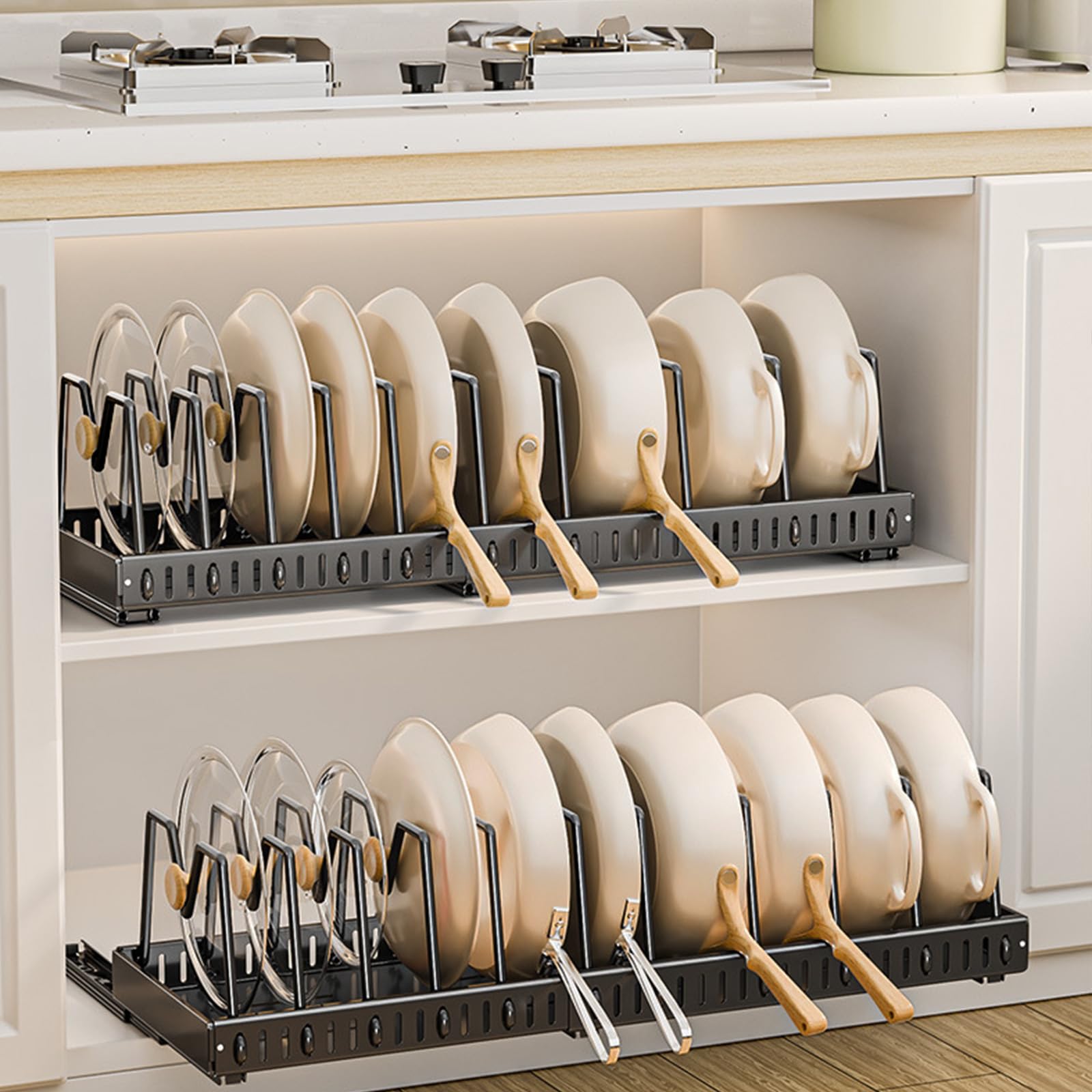Upgrade Deckelregal für Topfdeckel – erweiterbarer Pfannen-Organizer für Schrank, Topfdeckel-Halter mit verstellbarem Fach für Küchenschrank, Kochgeschirr, Backen, Bratrost (schwarz, (43,5 bis 78) x