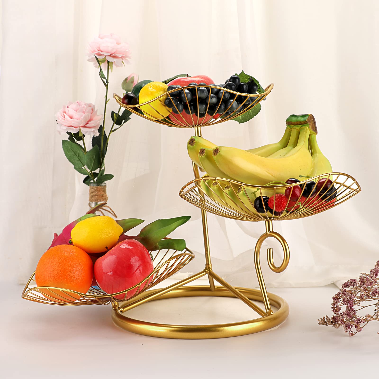 Corbeille à Fruits 3 Étages OLegei - Métal Doré Décoratif - Support Pain, Légumes - Ø24cm