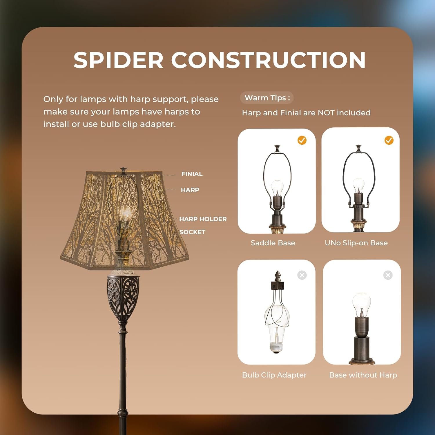 Beveled Octagon Big Lampshades, Metal Etched Forest Large Lamp Shade Fits for Table Lamp and Floor Light, 7.9" Top x 13.8" Bottom x 8.7" Height, Antique Bronze and Gold Finish, Spider