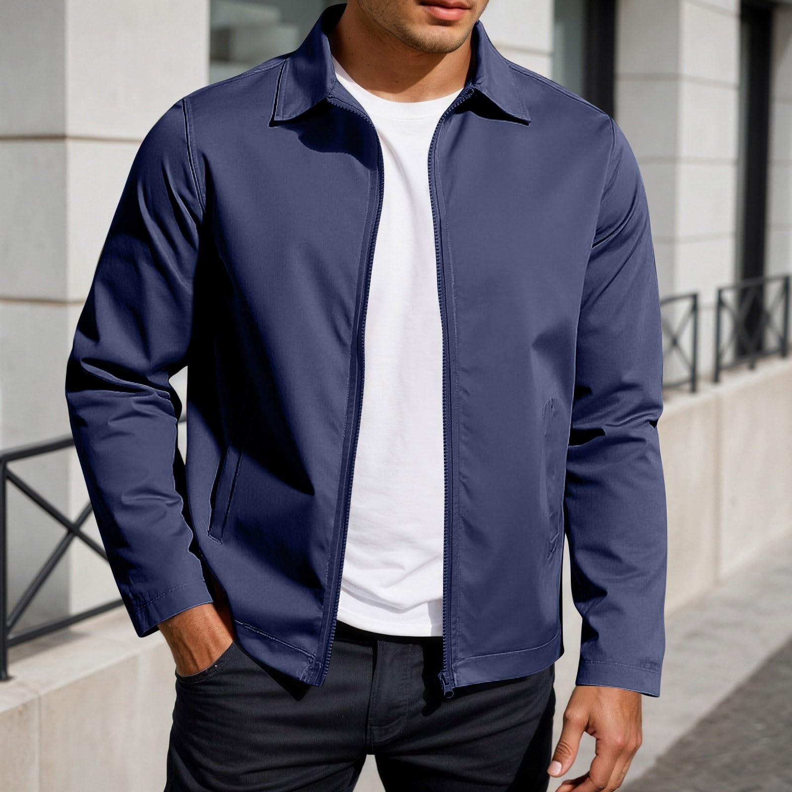 Generisch Chaqueta de entretiempo ligera con cremallera para hombre - Cazadora clásica para primavera y otoño | Chaqueta de ocio impermeable y resistente al viento