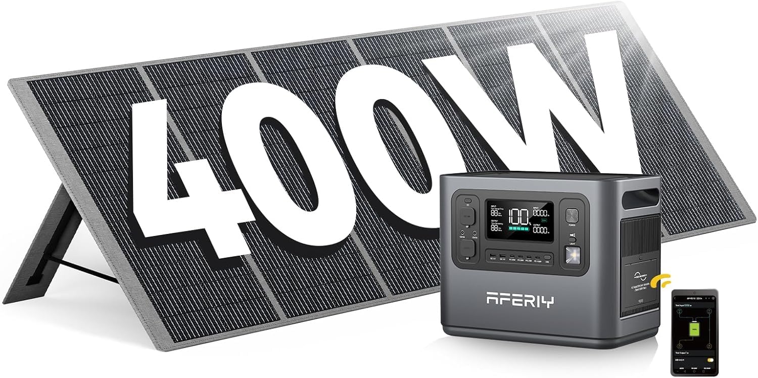 AFERIY Generatore solare da 2400 W con pannello da 400 W, 2048 Wh (picco da 4800 W), batteria LiFePO4, 220 V-240 V, pieghevole con USB, IP65, per campeggio, viaggi, interruzioni