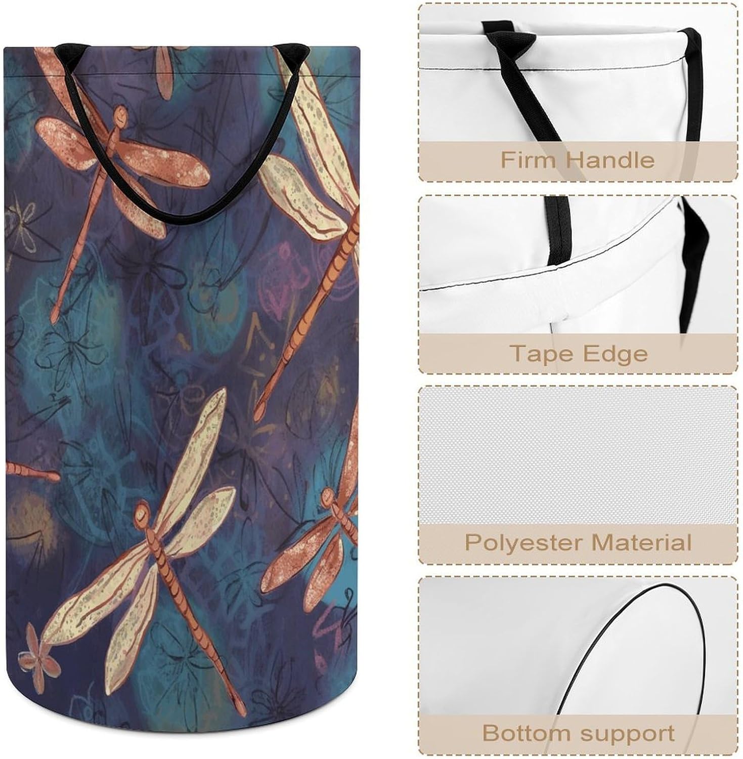 Hand Painted Dragonfly Laundry Hamper with Handles Waterproof Collapsible Laundry Basket Large Lightweight Round Dirty Clothes Hamper for Home Dorm Bathroom Decor