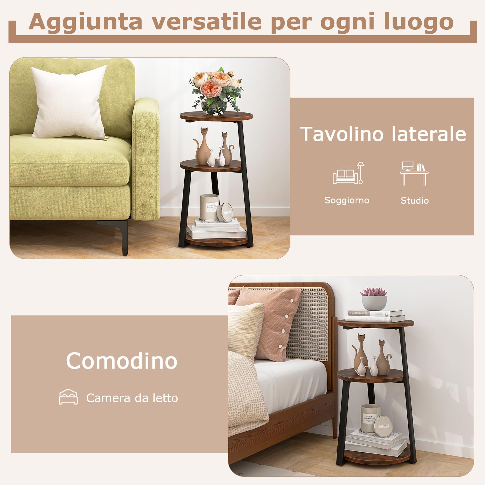 COSTWAY Tavolino Rotondo Industriale a 3 Livelli, Struttura Metallica e Piedini Regolabili, per Piccoli Spazi, Soggiorno e Camera da Letto (2)