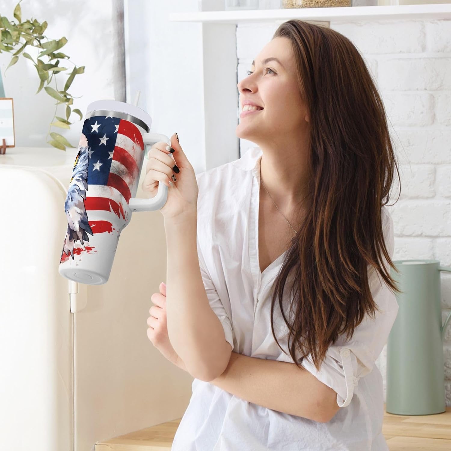 SUABO 40 oz Car Tumbler Cup with Handle and Straw Lid for Water,Iced Tea or Coffee Watercolor American Flag with Eagle Travel Mug Home Work Office Stainless Steel Water Bottle