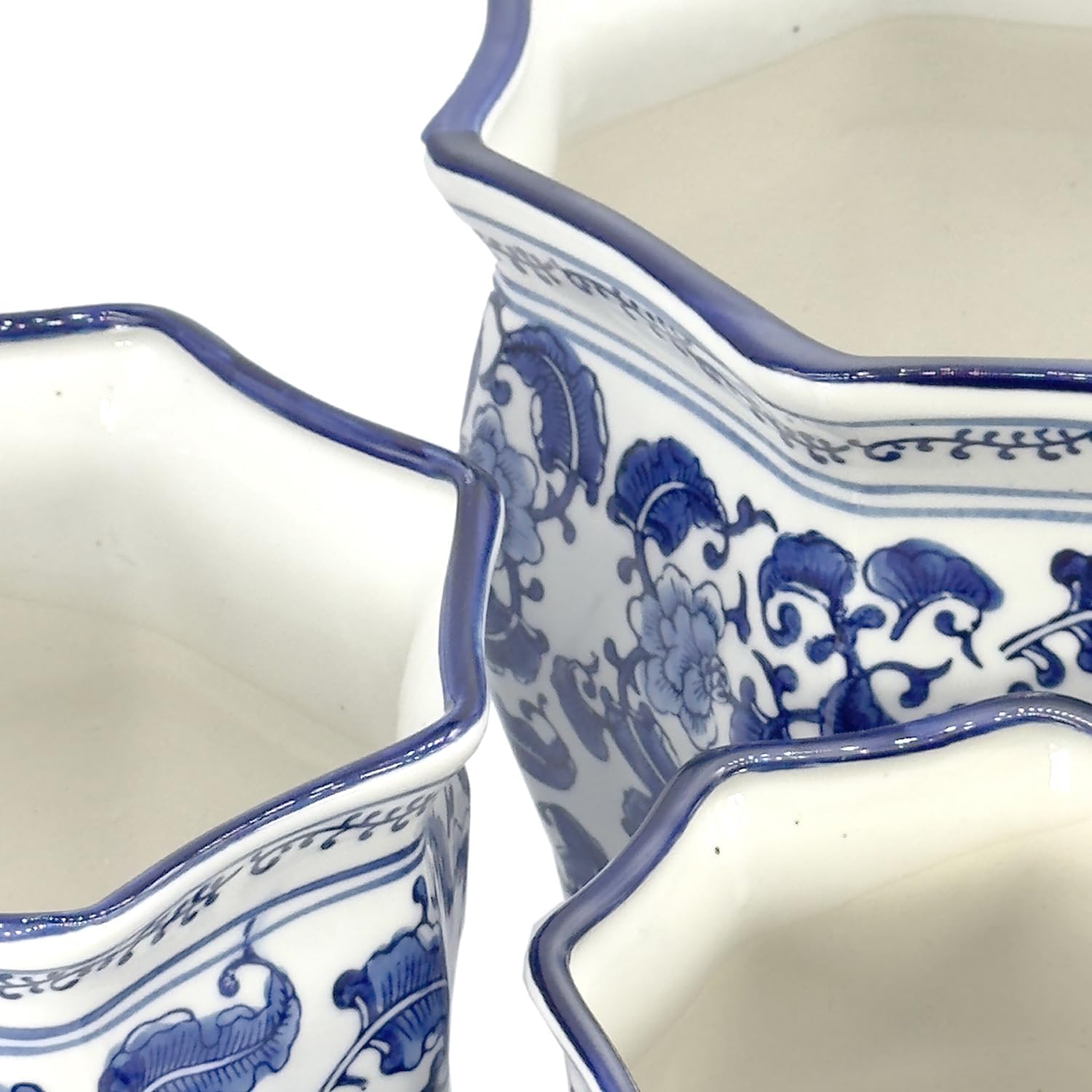 Galt International Blue & White Round Fluted Classic Floral Porcelain Ceramic Plant Flower Planter Pot Set of 3 (7.5", 10", 13") Garden Pots Chinese Asian Design