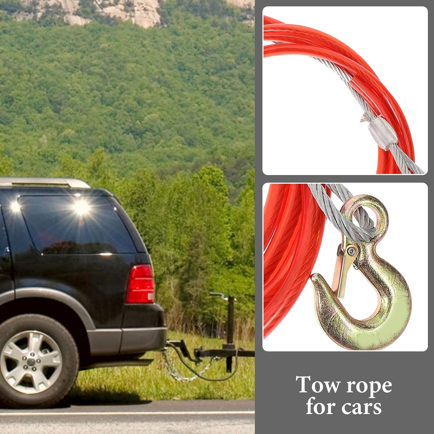 jojofuny Heavy Duty 8mm Thickened Car Tow Cable 4m Steel Wire Towing Rope with Hook Portable Trailer Strap for Off-Road and Emergency Towing