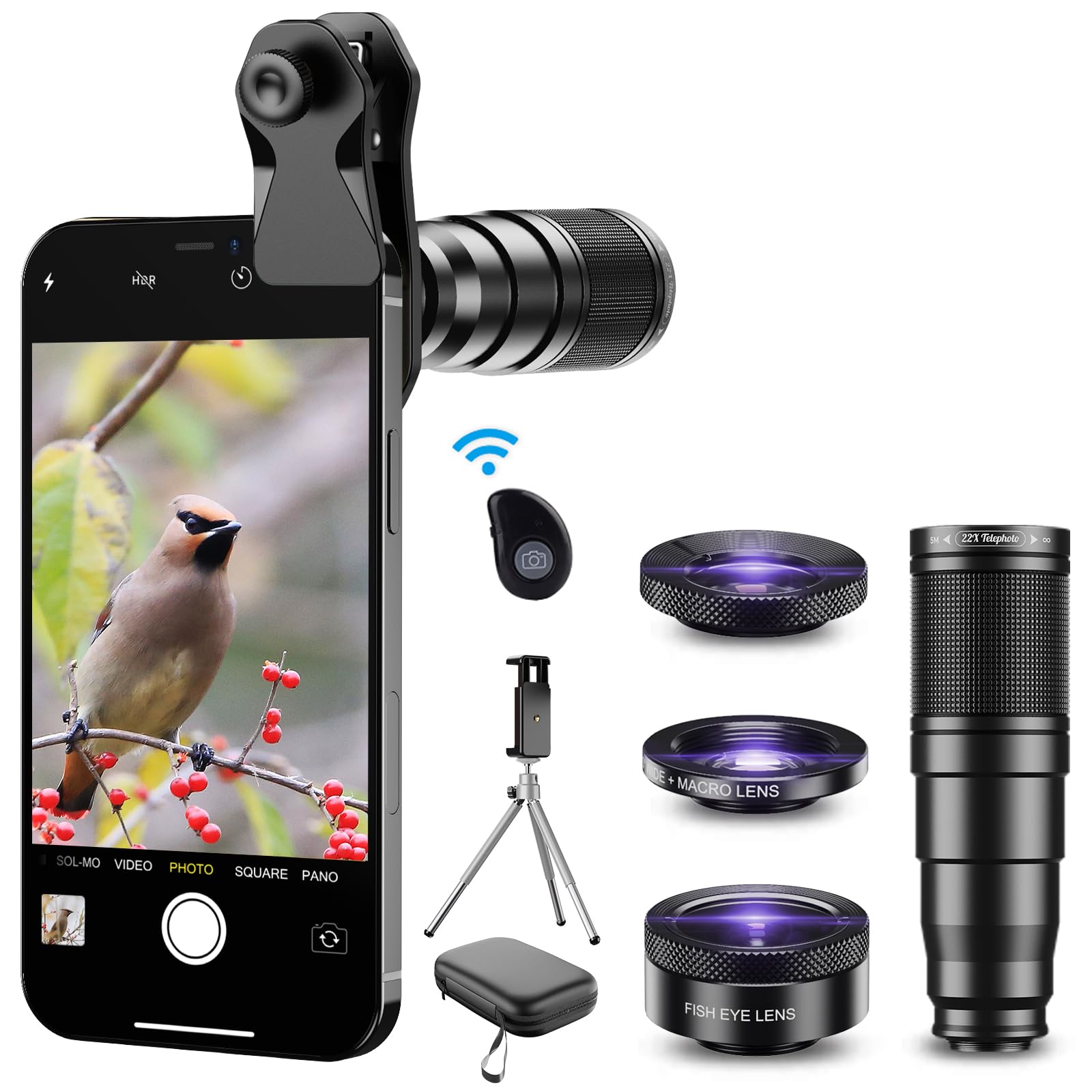 Apexel 4 en 1 Kit de Lente para Teléfono Móvil, Teleobjetivo 22x, Lente de Pesca de 205 °, con Macro 20x, Gran Angular de 120 °, con Trípode para iPhone, Andriod y la Mayoría de los Teléfonos