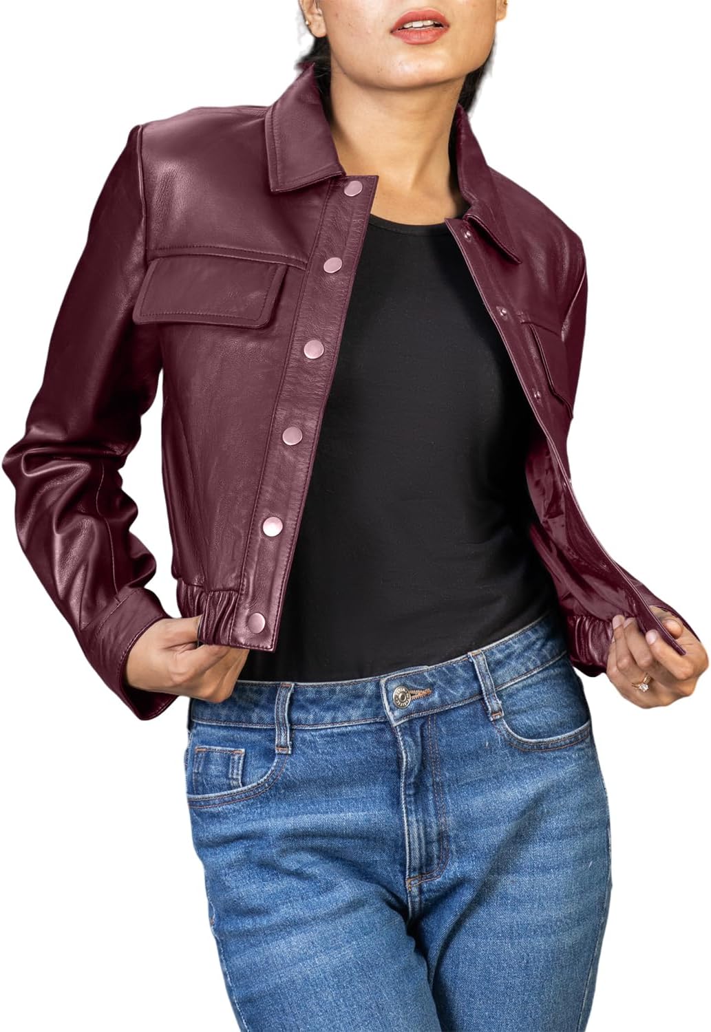 Jild Collar Button Front Cropped Leather Jacket Women- Moto Biker Womens Short Shirt Jacket Crop Party Jacket
