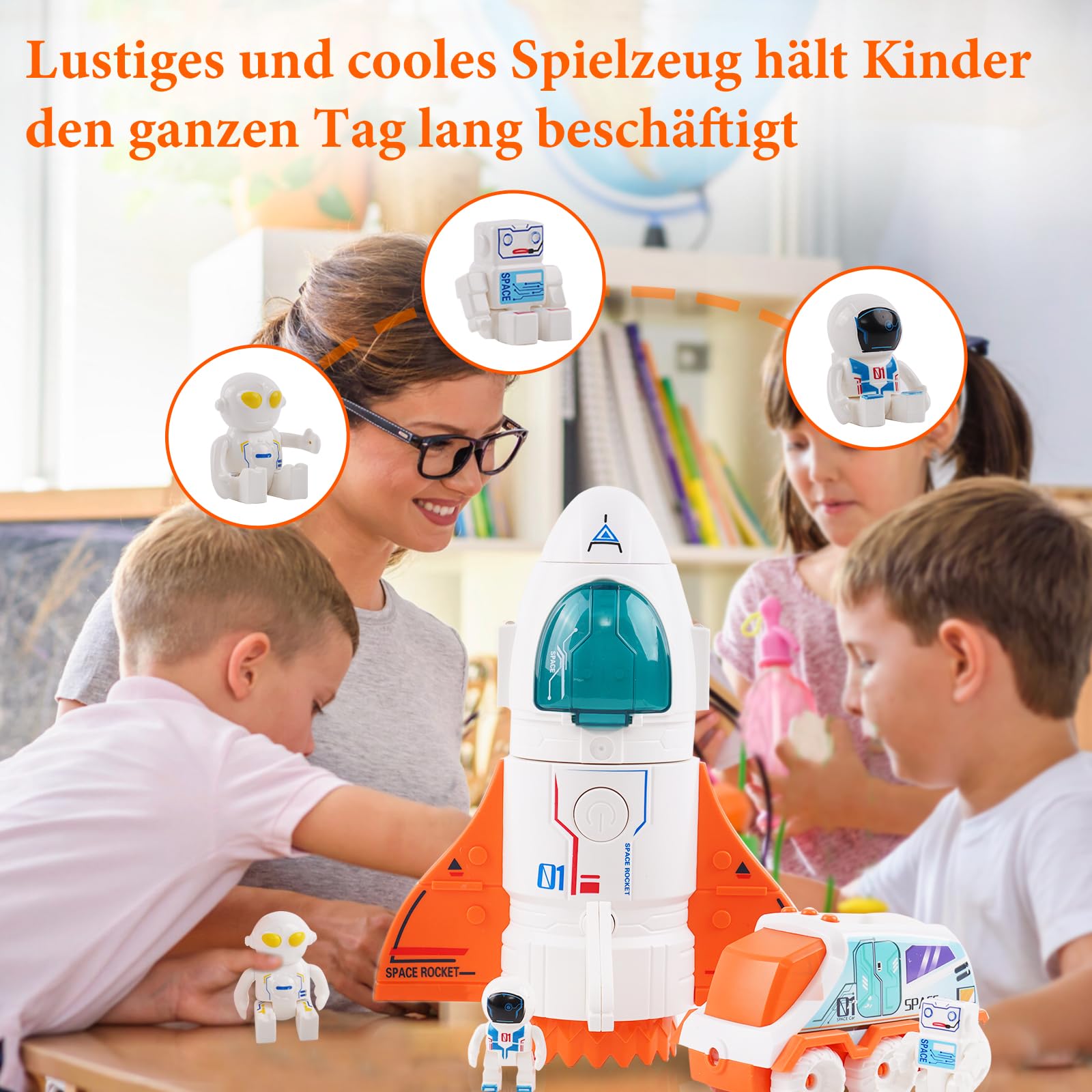 Space Shuttle Missione Spaziale Razzo Giocattolo, astronave arancione con suono, 3 figure di astronauti, cabina di pilotaggio incernierata, marmitta spray, regalo di compleanno per bambini