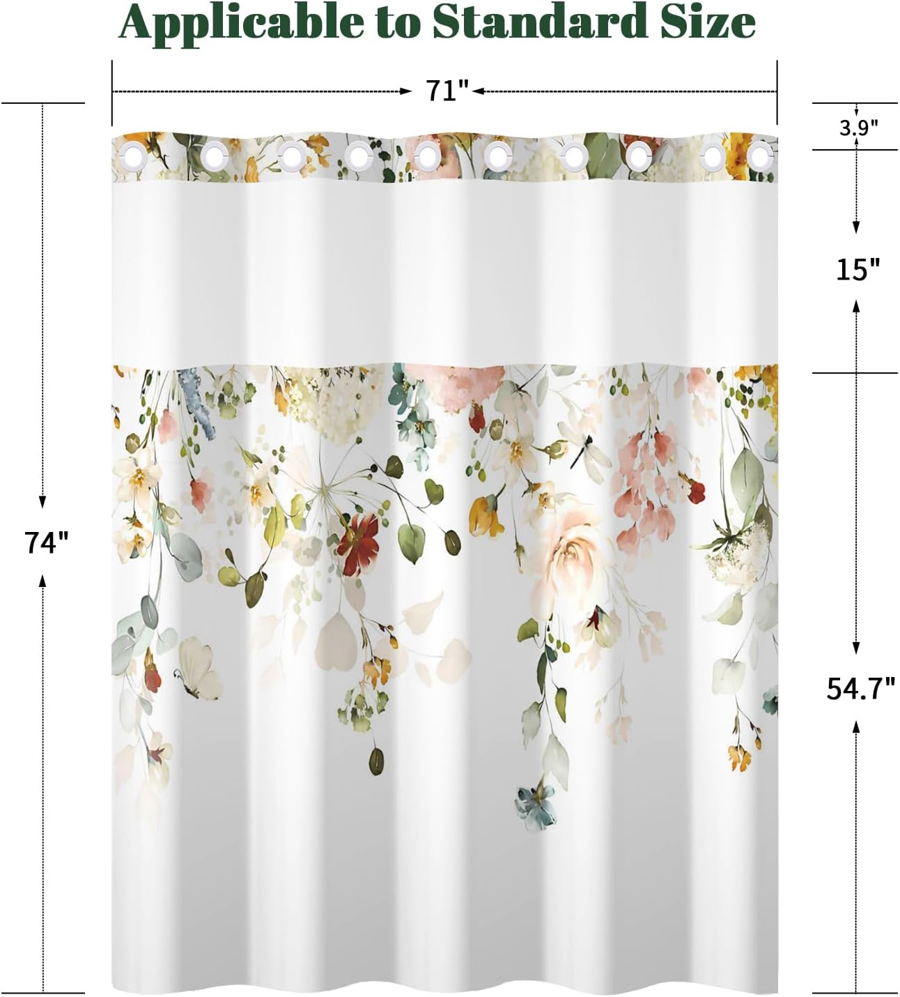 No Hook Shower Curtain with Snap in Liner - 71″W x 74″L Waterproof Fabric with Mesh Top Window, Watercolor Floral and Eucalyptus Print Bath Curtain for Boho Farmhouse Bathroom Decor