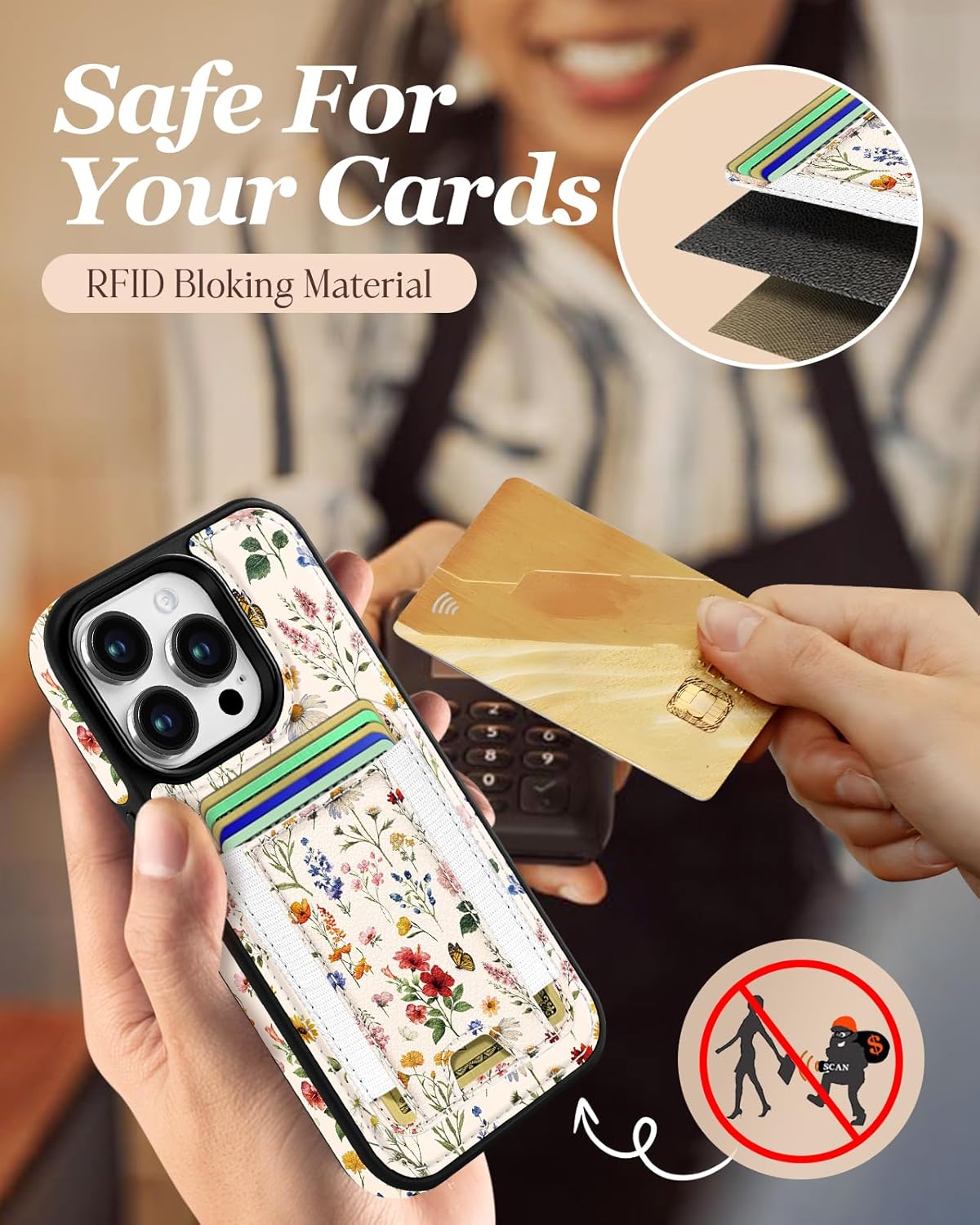 Shorogyt for iPhone 15 Pro Max Case Wallet - Fits 5 Cards, Compatible with Magsafe Detachable Magnetic Credit Card Holder Leather Cardholder Cute Phone Cover Women Girls for Apple 15 ProMax, Floral - Image 5