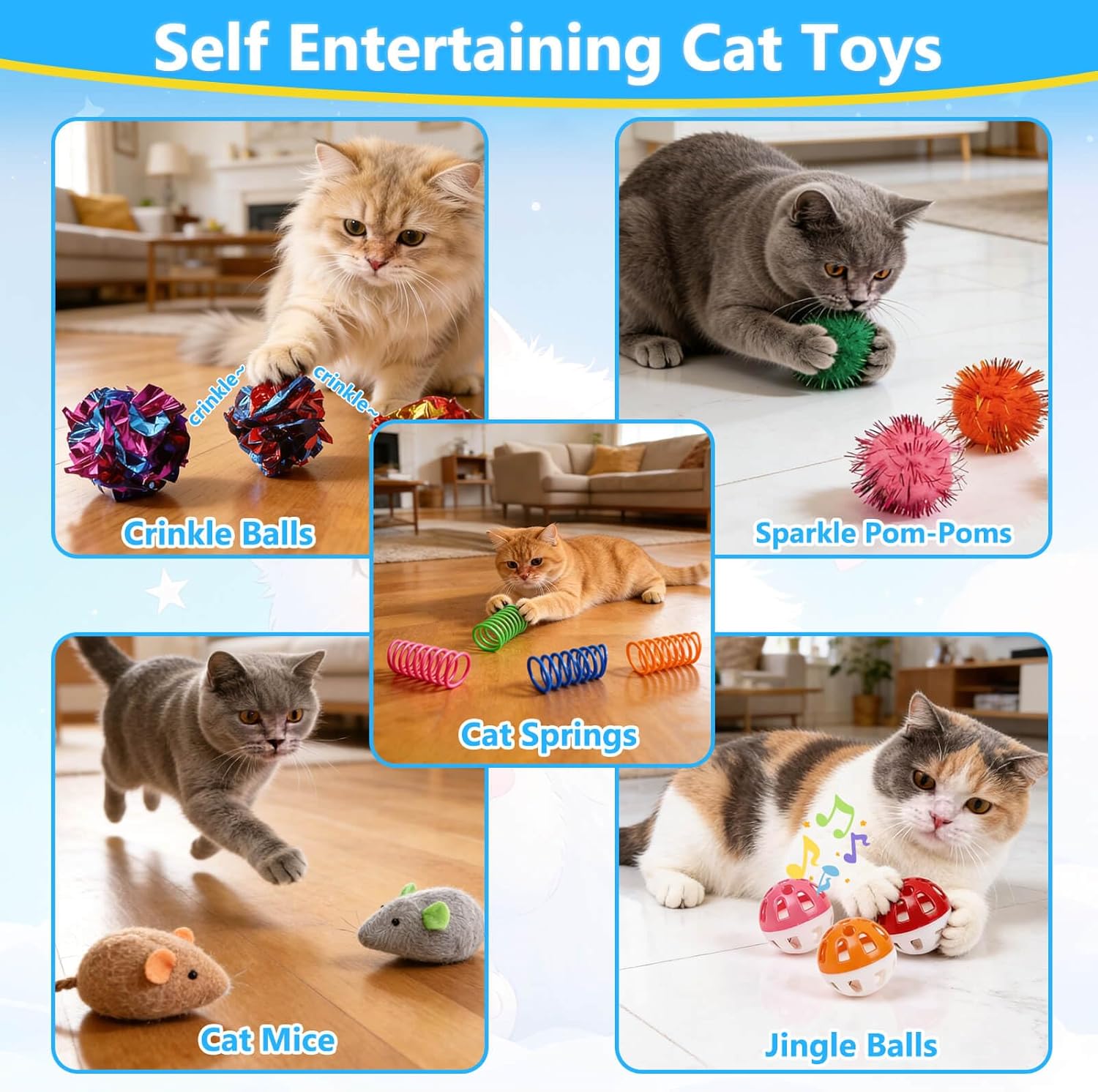 AIERSA Interactive Cat Toys for Indoor Cats,86pcs Cat Toys Pack Ball Pit for Kitten,Included Flapping Bird Launchers Mice Crinkle Balls Sparkle Pom-Poms Spring Jingle Balls for Self Play Kitten Toys