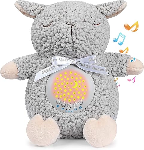 BEREST Calmante de sueño para bebé con proyector de luz nocturna y temporizador de apagado automático, juguete musical de peluche de oveja con ruido