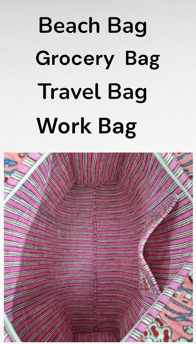 Large Cotton Quilted Tote Bag for Women - 18"x16" Spacious Handbag with Zipper, Perfect for Beach Travel Shopping