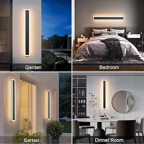 Vista 13 de Paquete de 2 luces para exteriores, moderna lámpara de pared para exteriores, tira larga, aplique de pared LED IP65, luz cálida antioxidante, 3000
