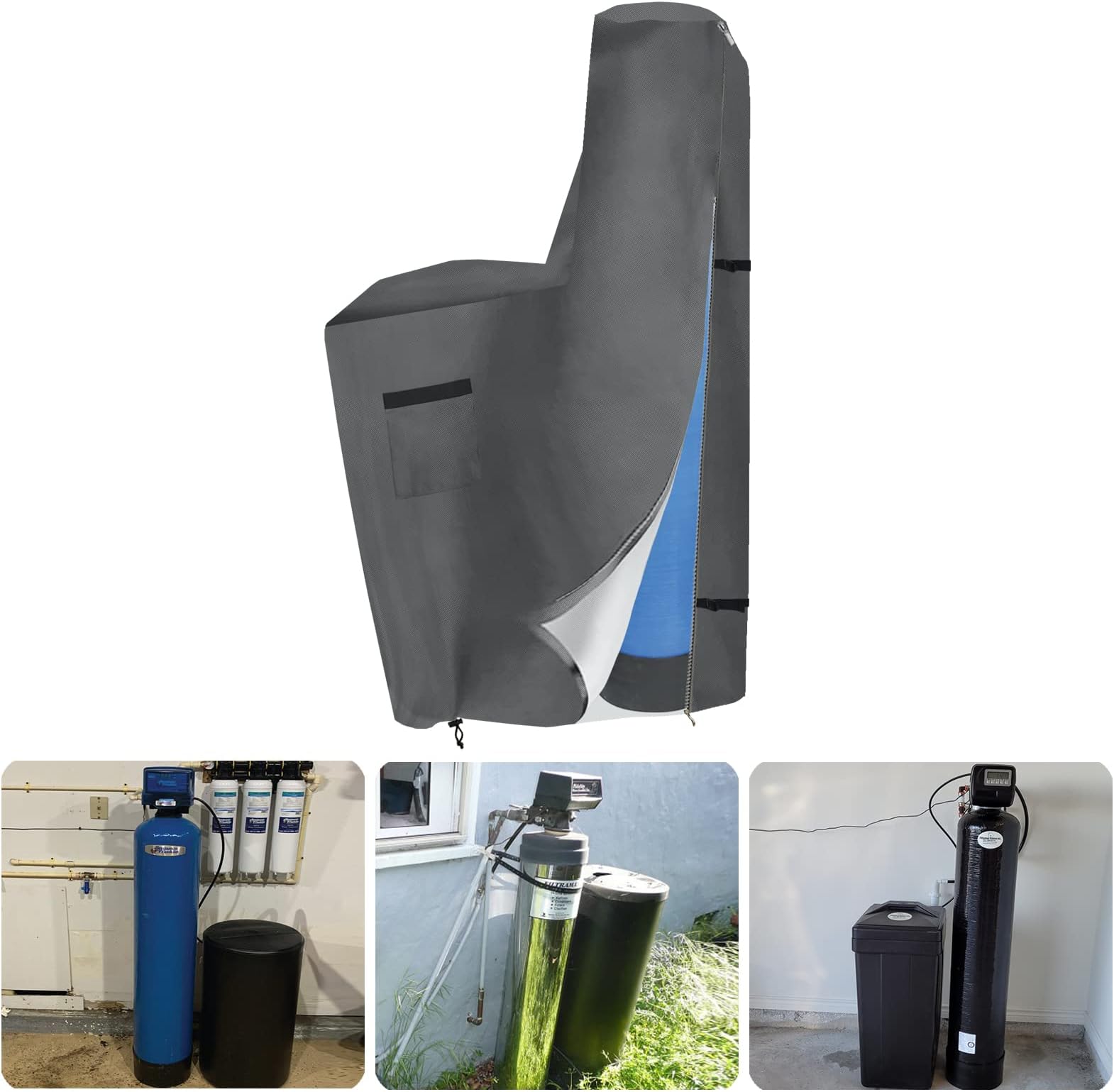 Bitubi Water Softener Cover with Split Zipper for Aquasure Harmony Series Whole House Water Softener,Waterproof Anti-UV(64" H x 40" W x 16" D, Gray) Outdoor All Weather Protection