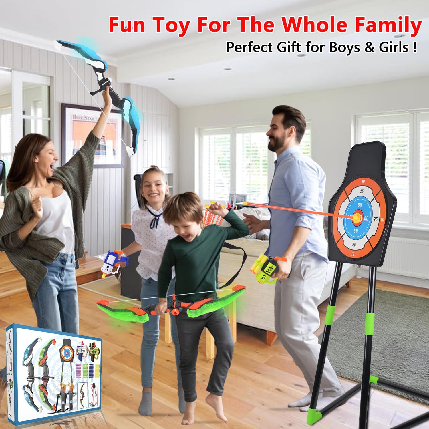 ROSE ME 2 Pack Kids Bow and Arrow Set, LED Archery & Dart Game Set with 20 Suction Cup Arrows for Kids, Indoor/Outdoor Toy Gift for Boys & Girls 5 6 7 8 9 10 11 12 Year Old