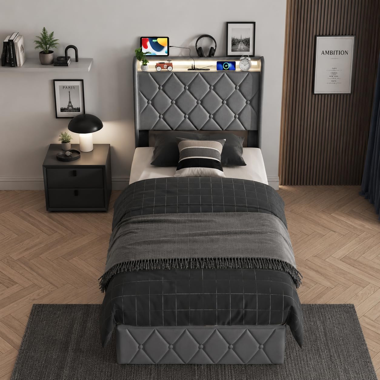 Lit Coffre 90x200 Gris Foncé avec LED RGB, Lit Simple Capitonné avec Espace Rangement, Cadre De Lit Hydraulique Relevable, Sommier Métal Silencieux, USB Type C, Mobilier Chambre Moderne